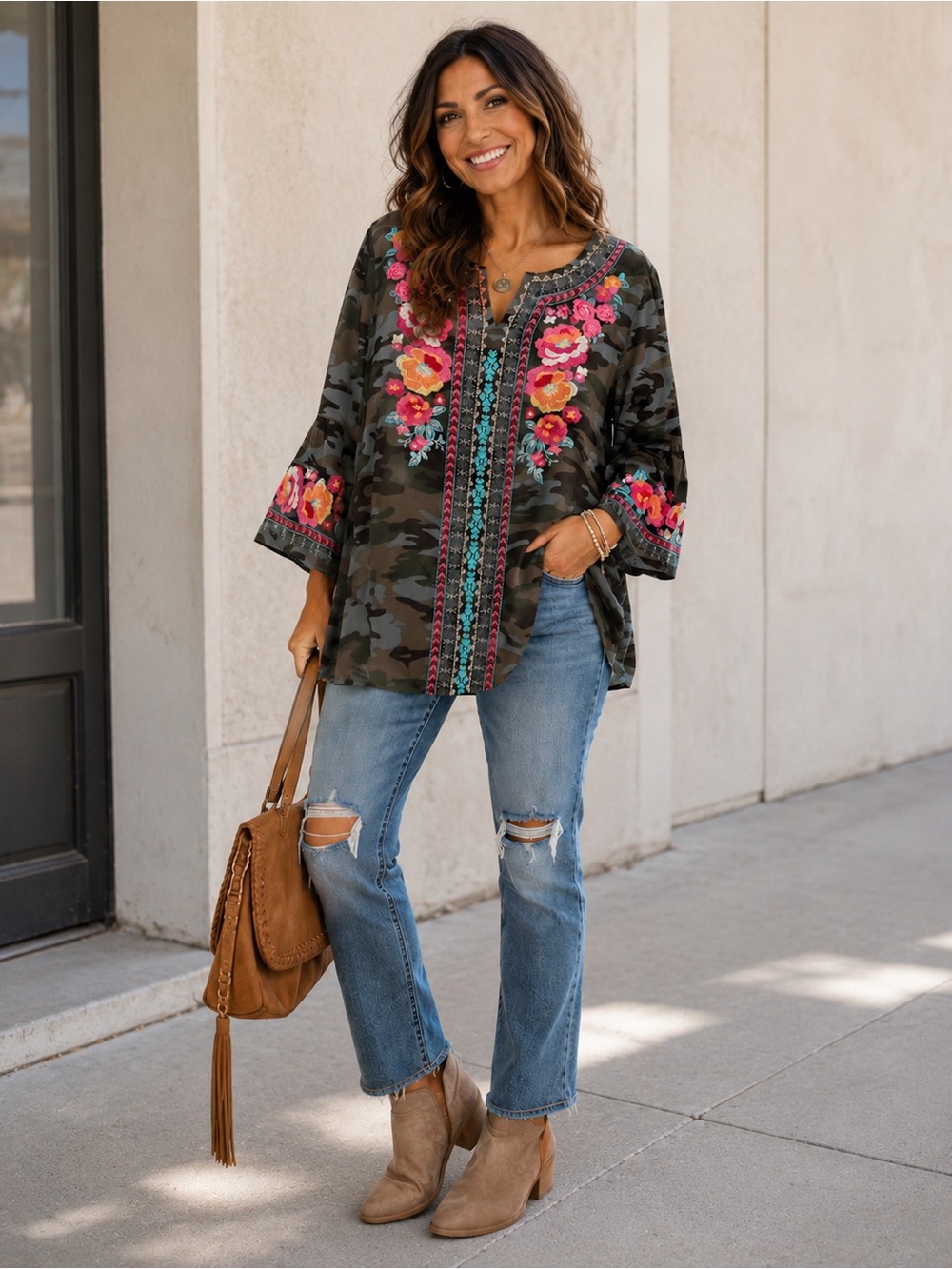 Savanna Jane Camouflage Blouse with Floral Embroidery
